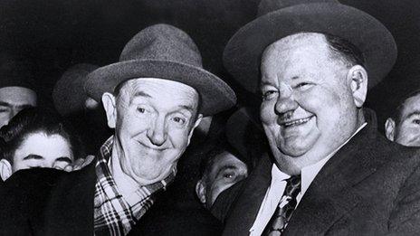 Stan Laurel (l) and Oliver Hardy in 1950