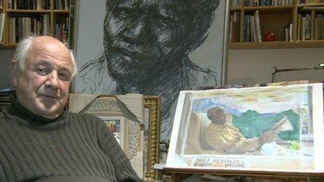 Artist Harold Riley with the Nelson Mandela drawing