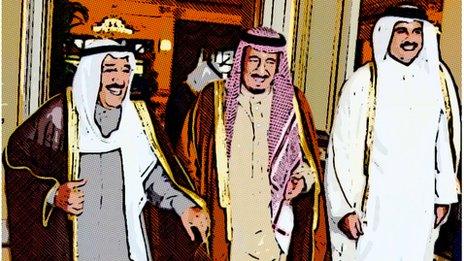 Kuwaiti Emir Sheikh Sabah al-Ahmad al-Jaber al-Sabah (L), Saudi Crown Prince Salman bin Abdul Aziz al-Saud (C) and Qatari Emir Shiekh Tamim bin Hamad al-Thani