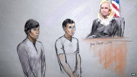 This courtroom sketch signed by artist Jane Flavell Collins shows defendants Dias Kadyrbayev, left, and Azamat Tazhayakov appearing in front of Federal Magistrate Marianne Bowler at the Moakley Federal Courthouse in Boston 1 May 2013