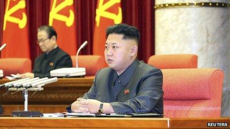 North Korean leader Kim Jong-un attends a meeting of the ruling Workers' Party politburo in Pyongyang, in this undated photo released by North Korea's Korean Central News Agency (KCNA), 9 December 2013