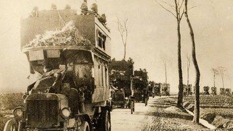 B-type London buses transporting troops during the First World War