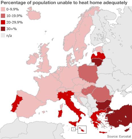 Percentage of population in European countries unable to heat home adequately