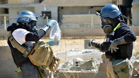 UN chemical weapons inspectors take samples in Ain Terma, Syria. 28 Aug 2013