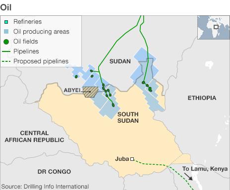 Map showing the location of oil fields in South Sudan