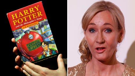 JK Rowling beside a first edition of her first Harry Potter book