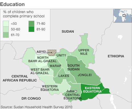 Map showing education levels in South Sudan
