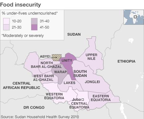 Map showing food insecurity rates in South Sudan