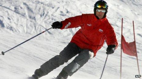 Photo dated January 14, 2005 shows German former Formula One driver Michael Schumacher skiing in the northern Italian resort of Madonna di Campiglio