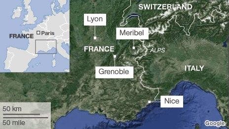 BBC map showing location of Meribel and Grenoble