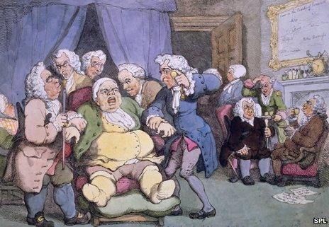 Cartoon from 1808 showing treatment of gout sufferer