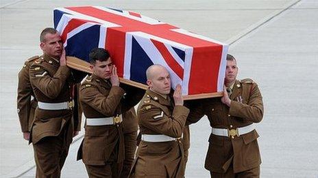 Six soldier carry a coffin draped in the Union Flag
