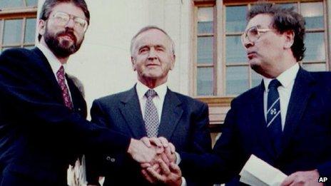 Albert Reynolds with Gerry Adams and John Hume in 1994