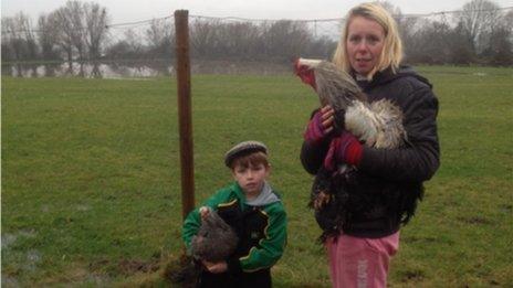 Six-year-old Toby Sadler and his mother Bryony moving their chickens on the Somerset Levels