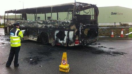 The bus was set on fire at the entrance of a premises formerly owned by Séan Quinn