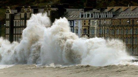 Waves battering Aberystwyth promenade