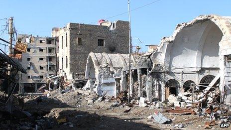 Destroyed buildings making up the souk or market in the old sector of the eastern city of Deir Ezzor