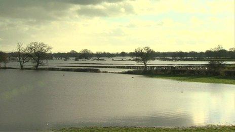 Flooded agricultural land near Wrexham, north Wales