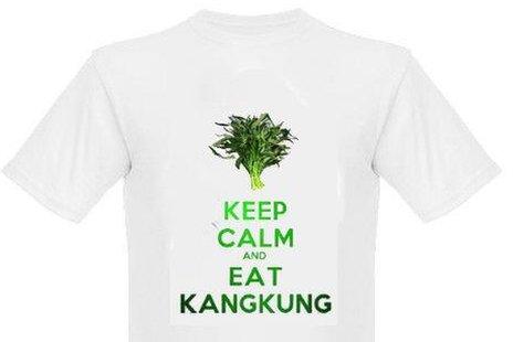 A T-shirt with the words "Keep calm and eat kangkung" and an image of the vegetable