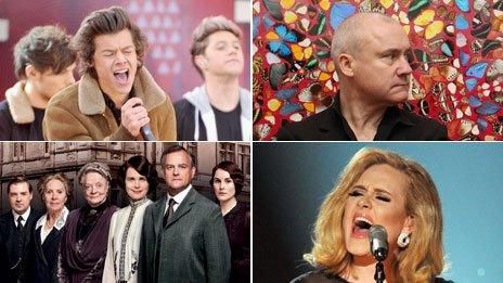Clockwise: One Direction, Damien Hirst at Tate Modern, Adele, Downton Abbey