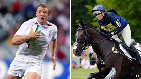 Mike Tindall playing for England, Zara Tindall riding a horse