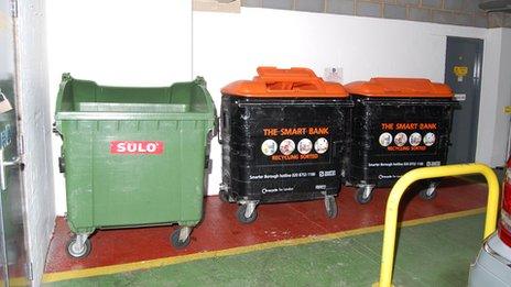 Photograph of bins in a car park shown in court