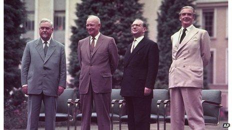 Russian Premier Nikolai Bulganin, US President Dwight D. Eisenhower, French Premier Edgar Faure and British Prime Minister Sir Anthony Eden, at the 'Big Four' Geneva Summit in 1955.