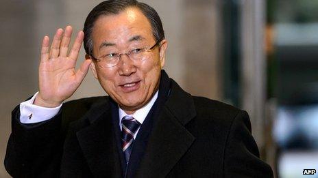 Ban Ki-moon waves as he sets off for the talks in Montreux