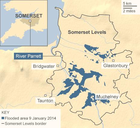 Map showing the location of the Somerset Levels and the areas recently flooded