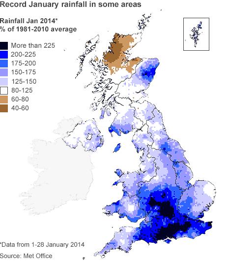 A map of the UK showing rainfall compared to the January average