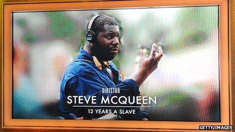 Steve McQueen on screen during the Oscar nominations announcement