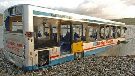 The bus became engulfed with flood water at Newgale in Pembrokeshire