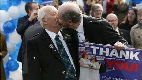 Larry Lamont and Jerry Slater (R) take part in a symbolic same-sex marriage outside the Scottish Parliament in Edinburgh