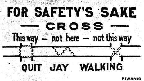 Image of a card handed to pedestrians in Hartford, Connecticut, in 1921. Reproduced in Street Rivals: Jaywalking and the invention of the Motor Age by Peter Norton, Technology and Culture, Volume 48, Number 2, April 2007
