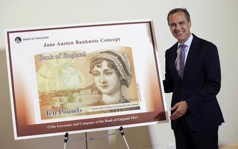 Mark Carney, the governor of the Bank of England, unveils the new Jane Austen-illustrated £10 note