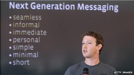 Mark Zuckerberg in front of next generation messaging slide