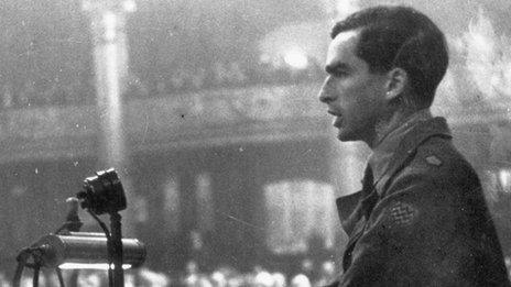 Denis Healey, in army uniform speaks at Conference in 1945