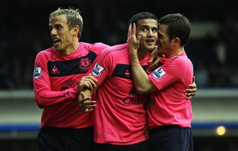 Footballers in Everton's pink away strip 2010