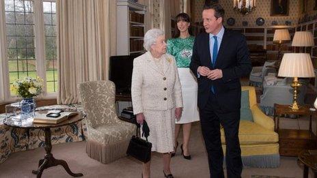 The Queen with David Cameron and Samantha Cameron at Chequers on 28 February 2014