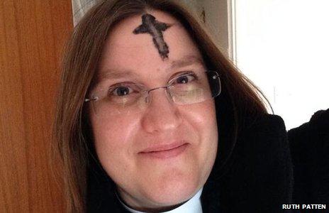 Rev. Ruth Patten with an ash cross on her forehead