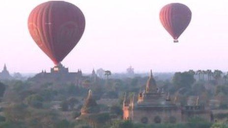 Hot air balloons over Mayanmar's ancient temple city of Bagan