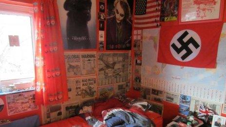 Swastika flag above Michael Piggin's bed
