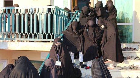 Female students in full body veil at the Ashraf-ul Madares madrassa