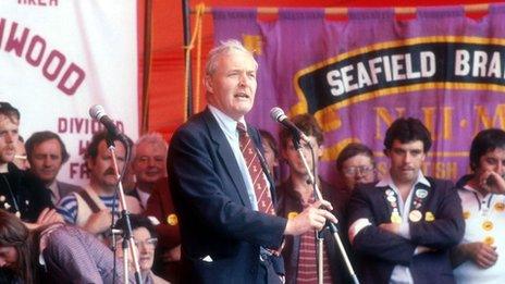 Tony Benn speaking at a miners' rally in 1984