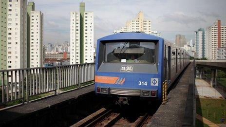 A metro train arrives at Bresser station, in central Sao Paulo, Brazil, on January 27, 2010.