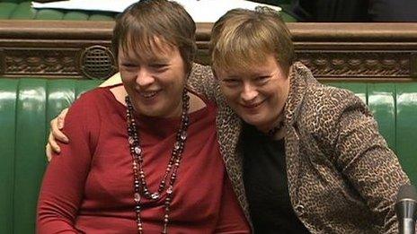 Angela and Maria Eagle share a hug in the Commons