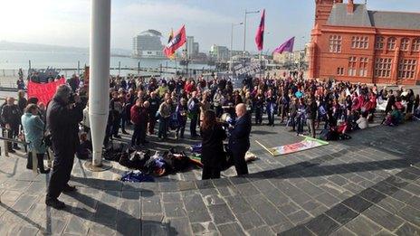 NUT Cymru rally outside the Welsh Assembly in Cardiff Bay