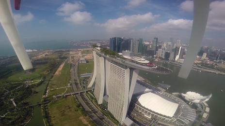 Aerial view of Marina Bay Sands from drone