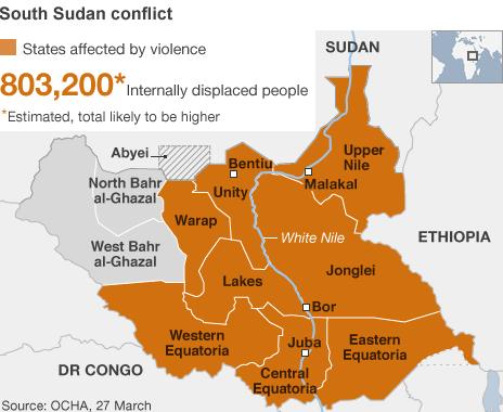 Map of South Sudan states affected by conflict