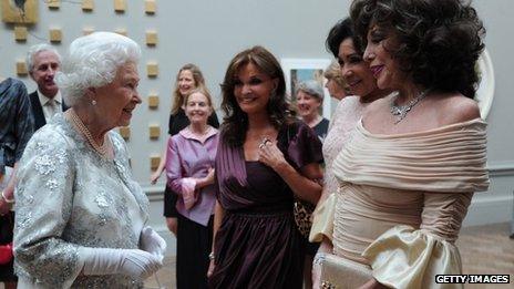 Kate O'Mara with the Queen and Joan Collins